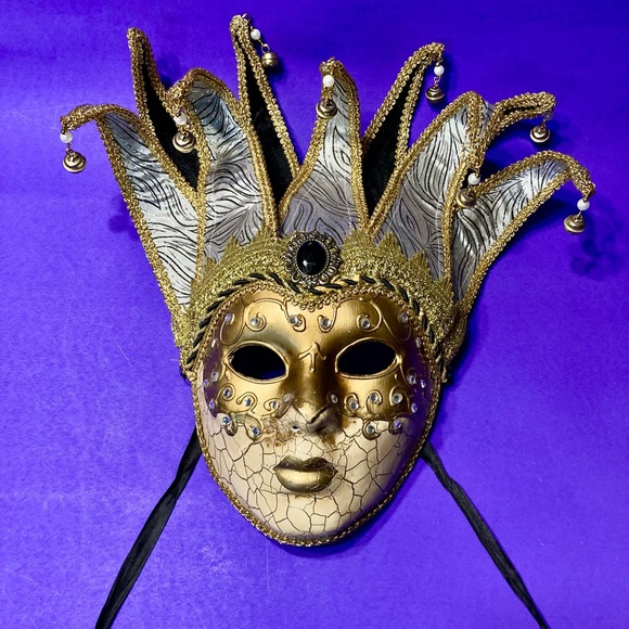 Gold/Black Venetian Court Jester Mask - Picture 1 of 5